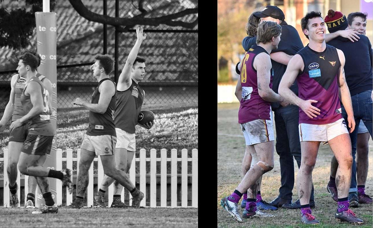 Castan Racunica has just taken a mark late in the game and prepares to kick the winning goal, then shows his relief at the end