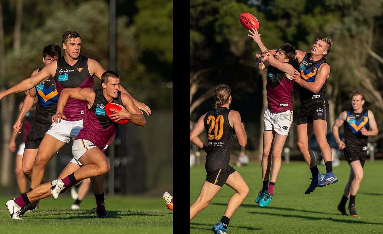 Lachie Riley on another break and Nathan Dowsett after another mark