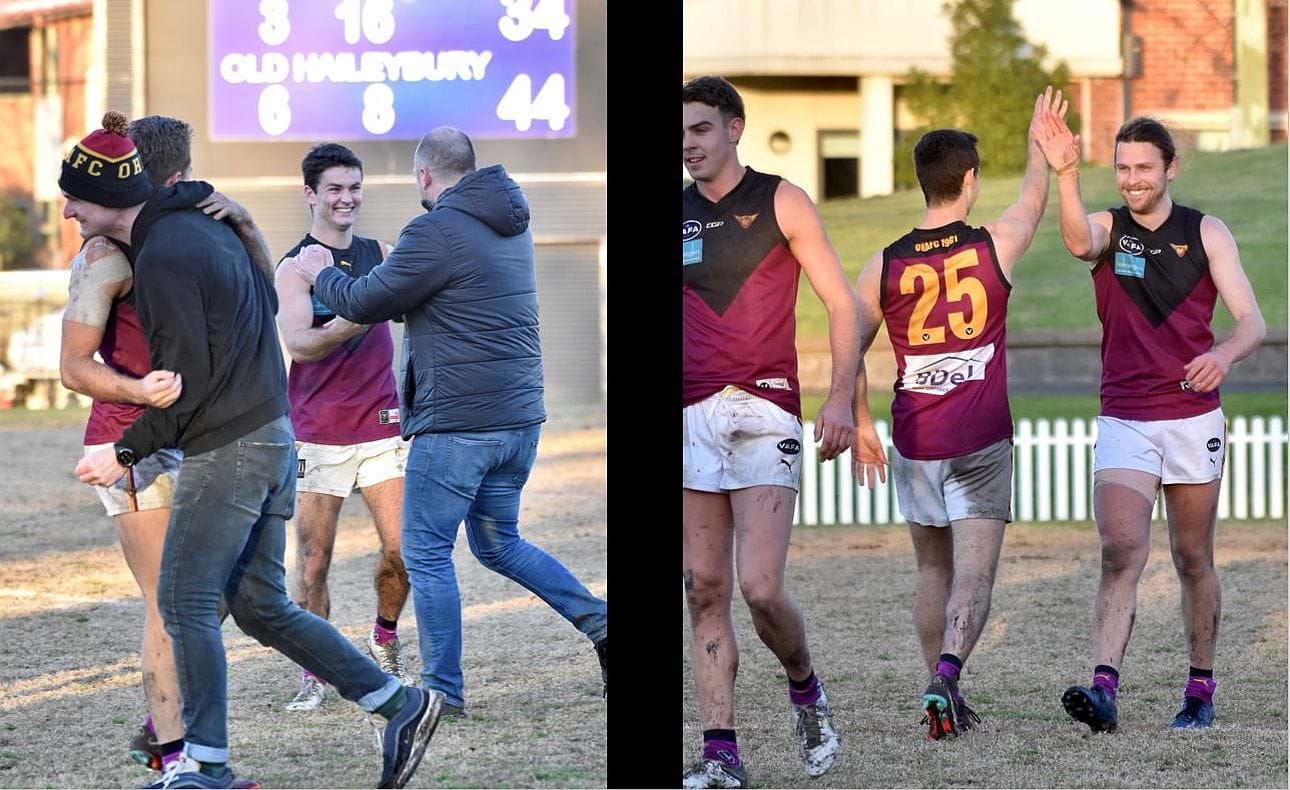 The Sinclair brothers Charlie (left) and Max (25, with Will Paul) celebrate the narrow win over their old club