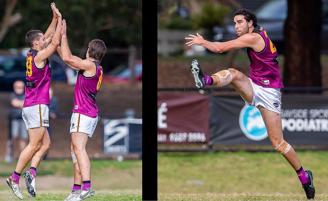 Max Sinclair and Josh Gasparini celebrate, Jack Bell kicks at full stretch