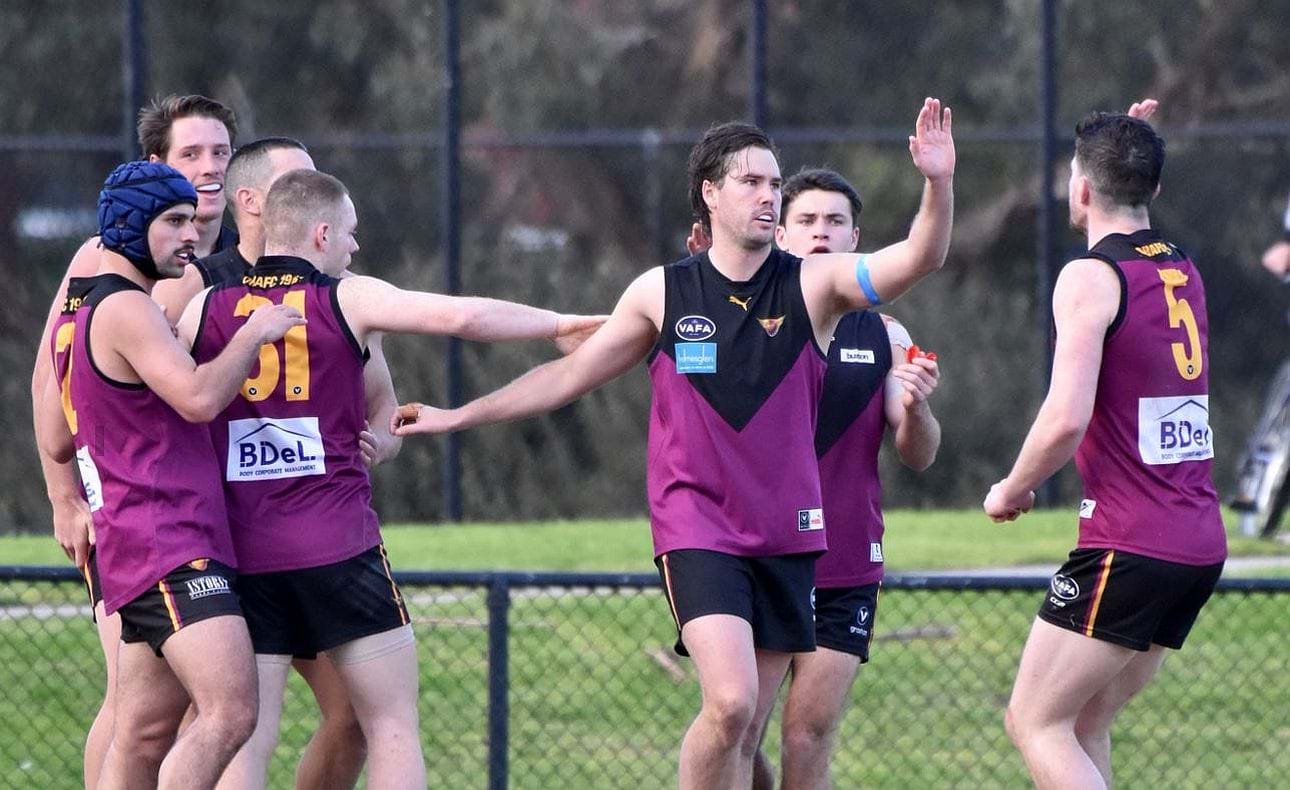 Jack Munro the centre of attention after kicking a final quarter goal. surrounded by team mates Corey Connelly, Harrison Jones, James Magner, Dre Stefanakis (31), Charlie Sinclair and Brede Seccull (5)