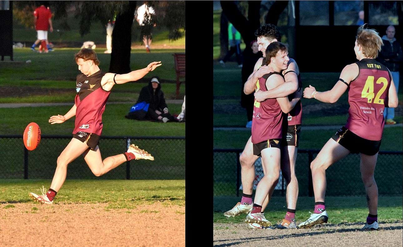 Archer Harrop kicks for goal and wins the approval of his skipper Brede Seccull and older brother Charlie (42)