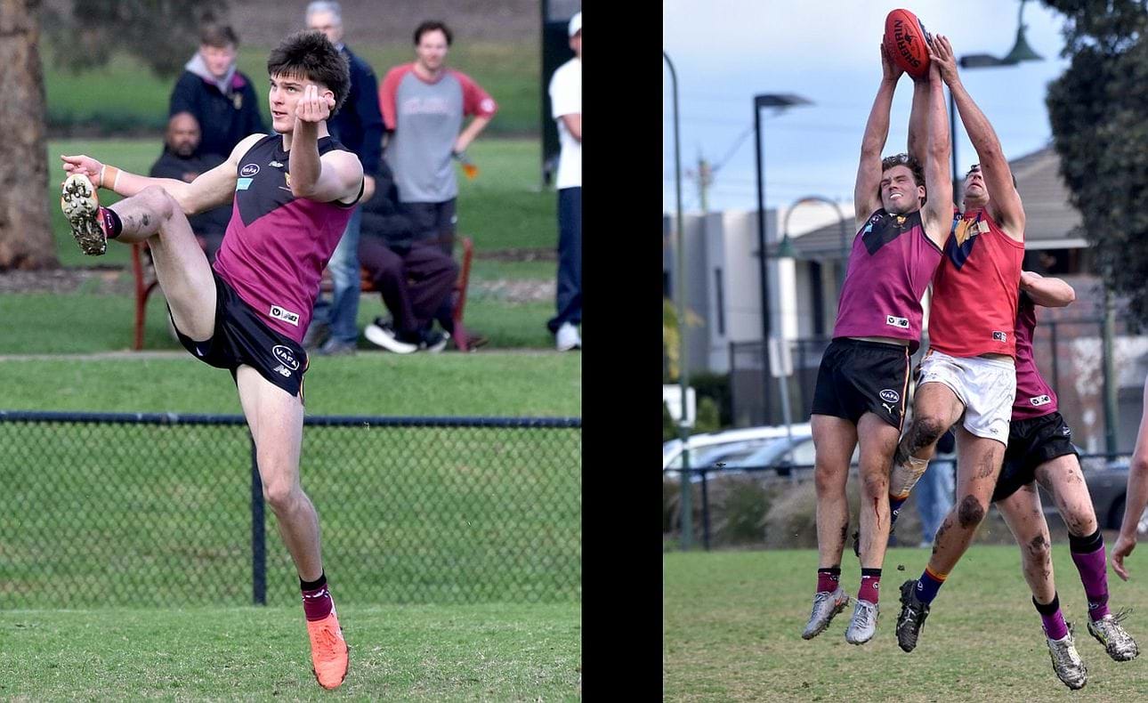 James Blight shoots for goal, Joel Chilcott with an overhead mark