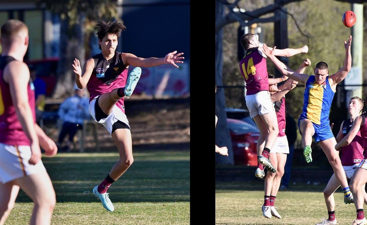 Cody Goonewardene shoots for goal, Durras Seccull on the spoil