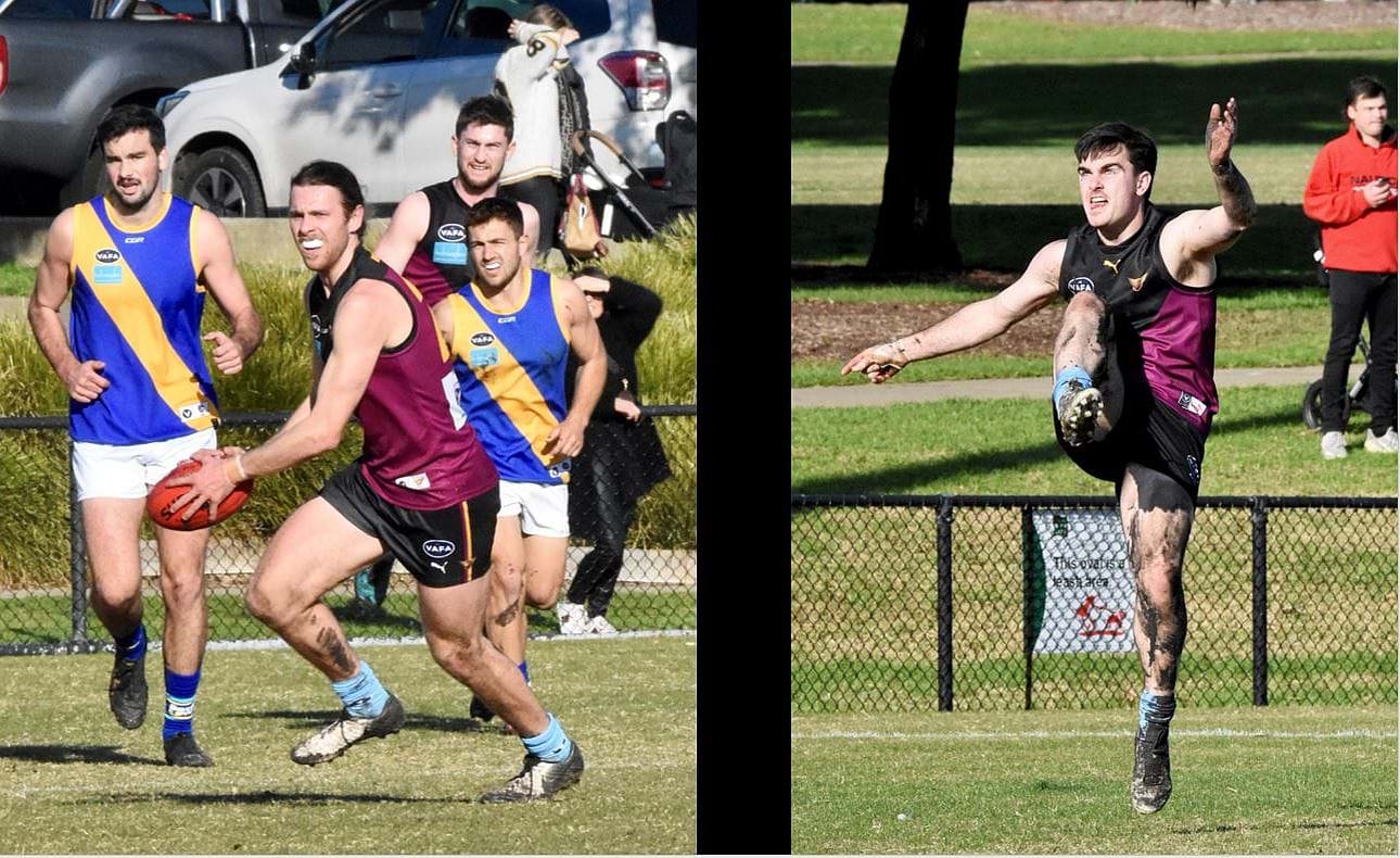 Defenders Will Paul in a powerful pose and Max Sinclair putting boot to ball