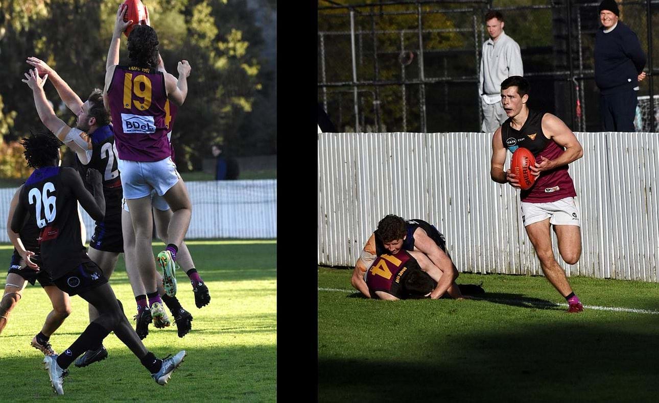 Nathan Dowsett (19) hides Durras Seccull's mark; Max Sinclair on the run while Seccull (14) bites the turf