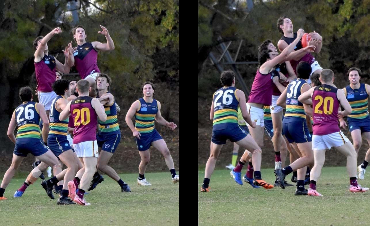 Harrison Jones enlivened proceedings with another monster leap and mark that even his team mates couldn't spoil; Dre Stefanakis (20) awaits the crumbs that never came