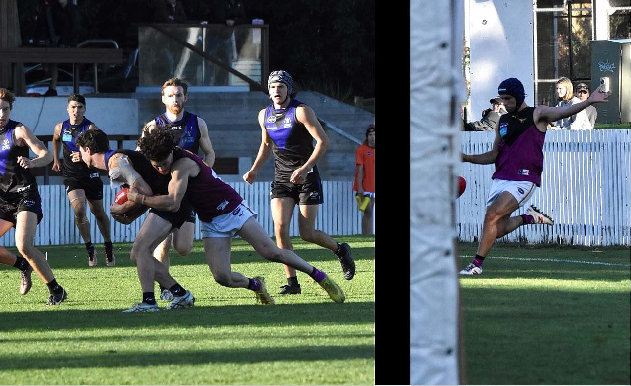 Luke Bailey tackles surrounded by four Uni Blacks opponents; Corey Connelly takes a snap at goal