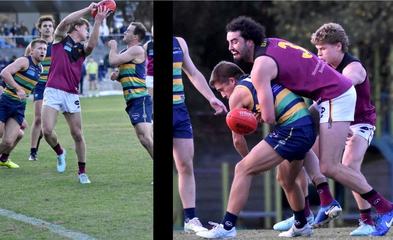 Surrounded by St Kevin's opponents, Hugo Nosiara shoots out a handball, then supports Jack Bell laying a tackle