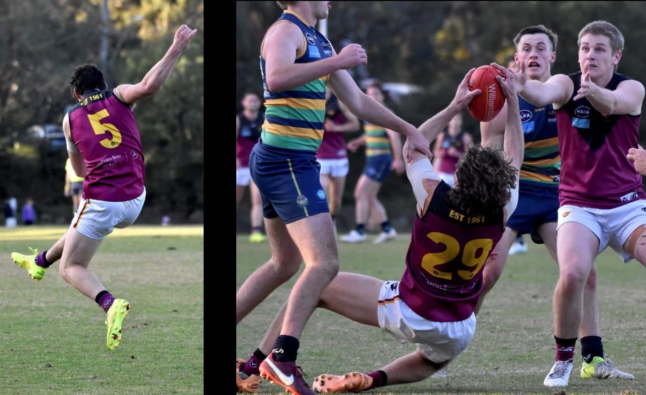 A rear view of Brede Seccull (5) and Will Paul (29) showing he could do anything with a falling mark in his near-faultless display; Liam Kirkwood-Scott looking on