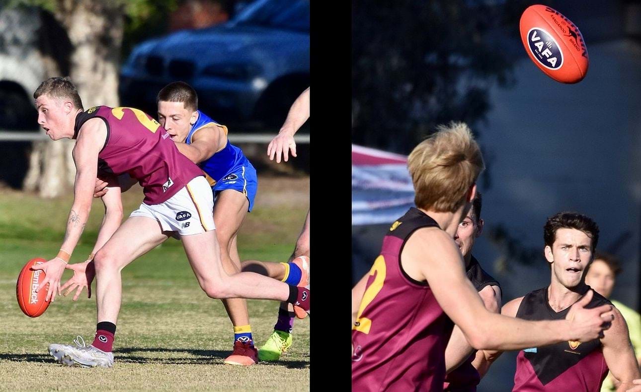 James Connell bends and collects; Charlie Sinclair intently watching the outcome of his pass to Charlie Harrop