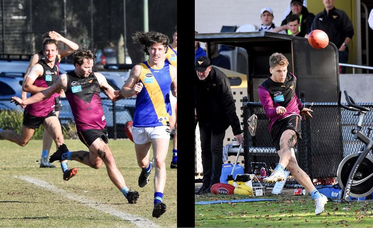 Left-footers launch; Peter Gleadhill with a drop-punt and Jack Lonie with a torp