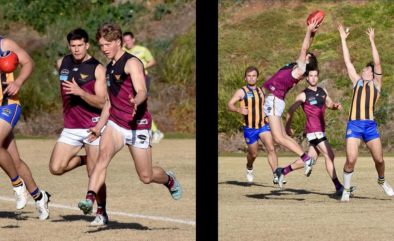 Flynn Gregor on the run ahead of Connor Riley; Kye Turner takes yet another mark in defence watched by Hugo Lynch