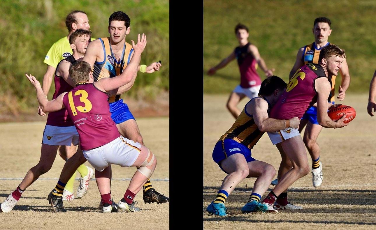 Hands up for Liam Kirkwood-Scott, Rayner Seccull caught in a tackle