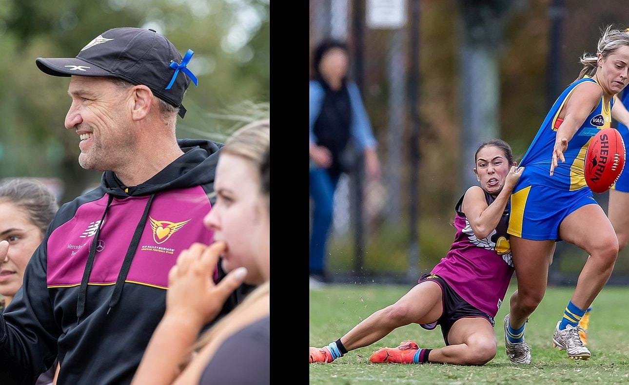 Happy coach Lappage at the break and Jasmine Bettess hanging on for a tackle