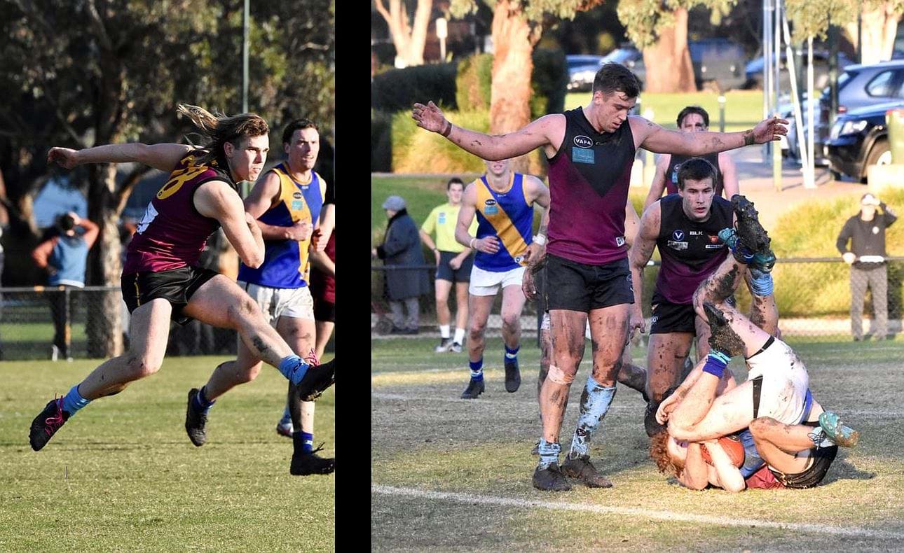 Castan Racunica in full flow while the two Lachies Treverton and Riley watch their Beaumaris opponent being brought down in a tackle