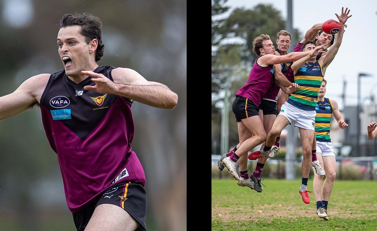An open-mouthed Kye Turner; Joel Chilcott, Bailey Yates and Cody Goonewardene in the pack