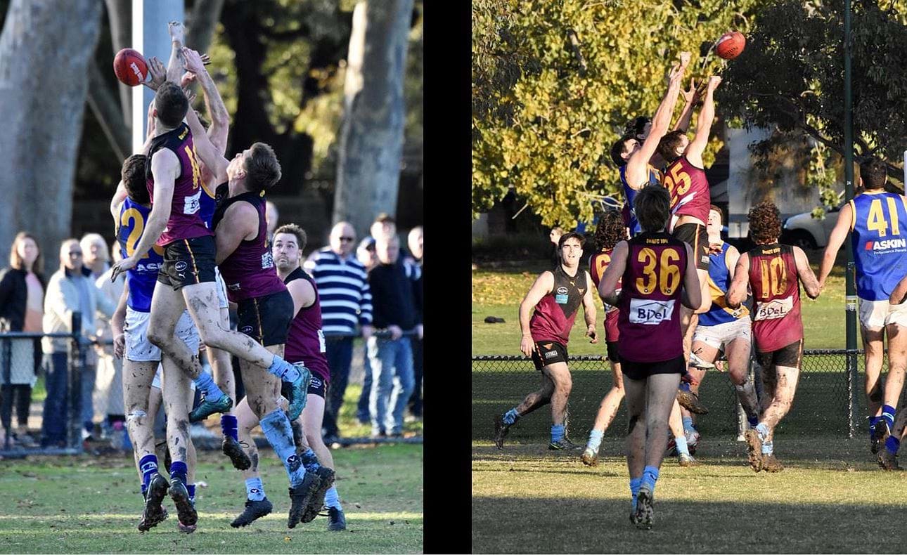 And the big men fly; Durras Seccull (14) and Lachie Treverton (23) at left and Max Sinclair (25) high in the pack at right