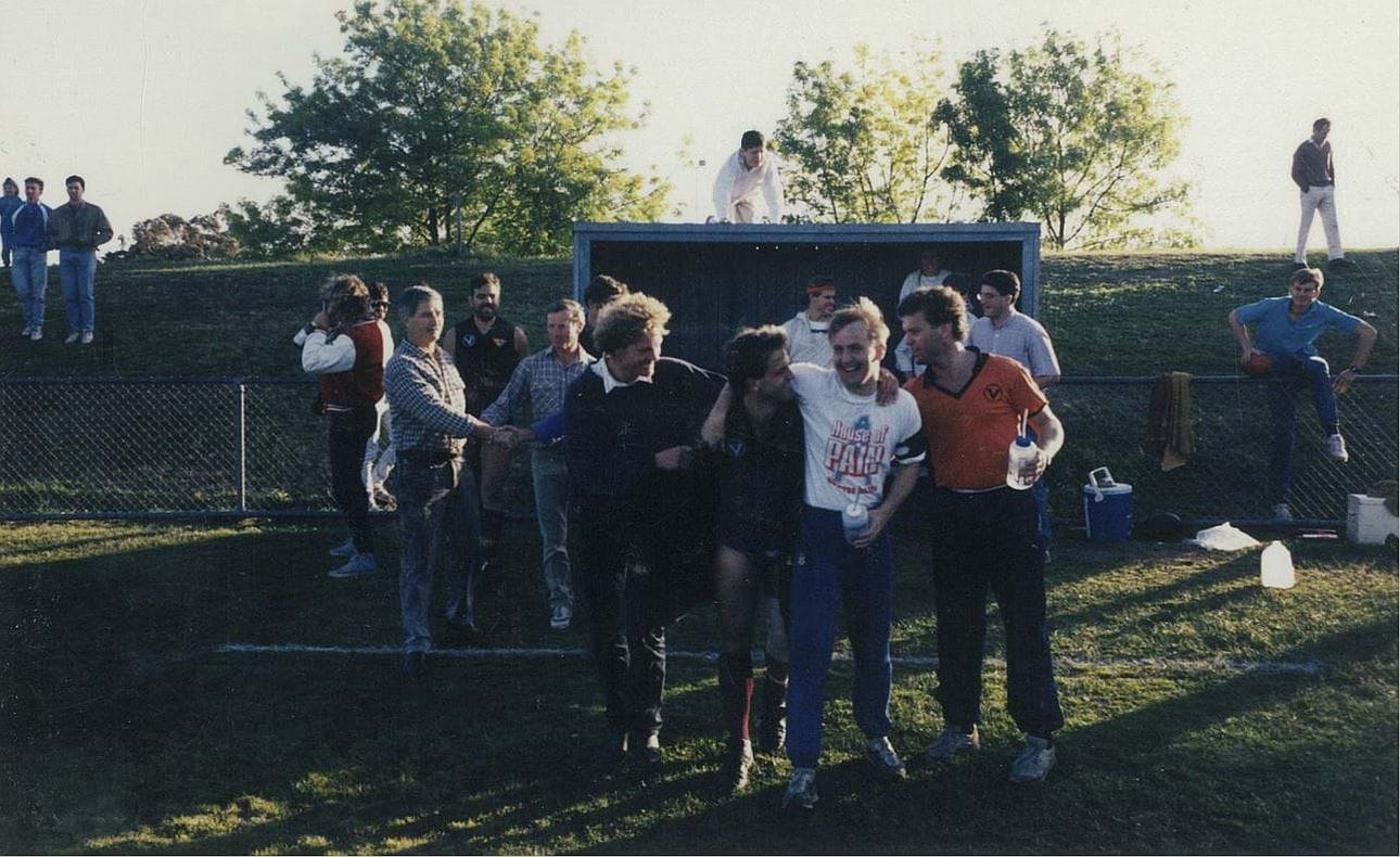 A happy bench at the end of the game including John Caspers (Chairman of Selectors), Neville Schmidt, David Young, Jeremy Rae, Roger Gerny, Gary March and Roger Paul (runner)