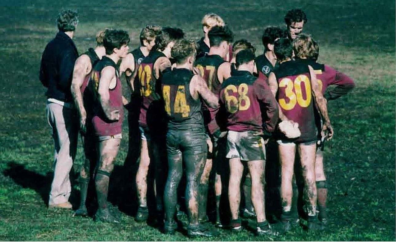 A muddied Reserves team in one of the breaks at Ormond's EE Gunn Reserve
