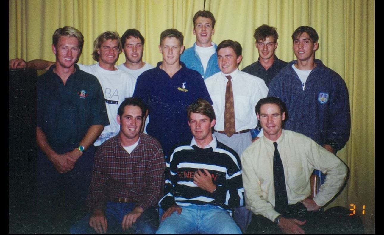 Jumper Presentation Night 1993 - at rear include Reserves Coach Mick Carty, Peter Thiessen, Brett Carty, Laurie Bingham and Blair Main and in front are Andrew Baxter, Garry Phillips and Sean Rlphsmith