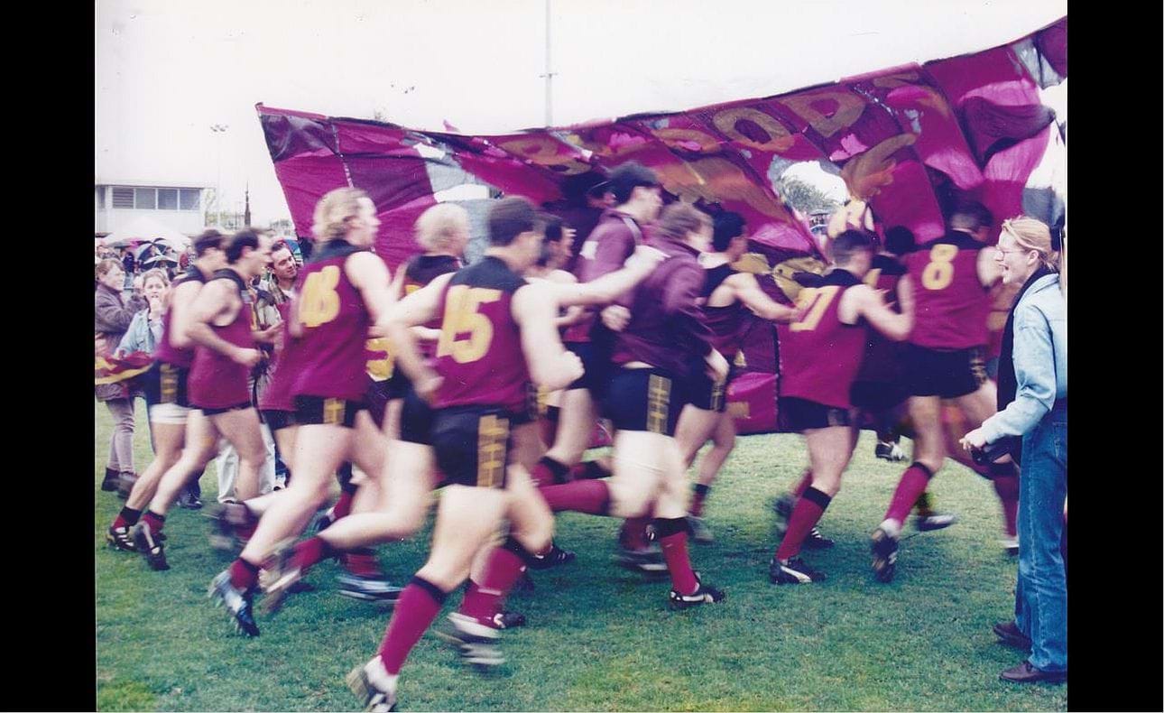 The Bloods look like they mean business in their warm-up prior to the 1995 Grand Final at Elsternwick Park