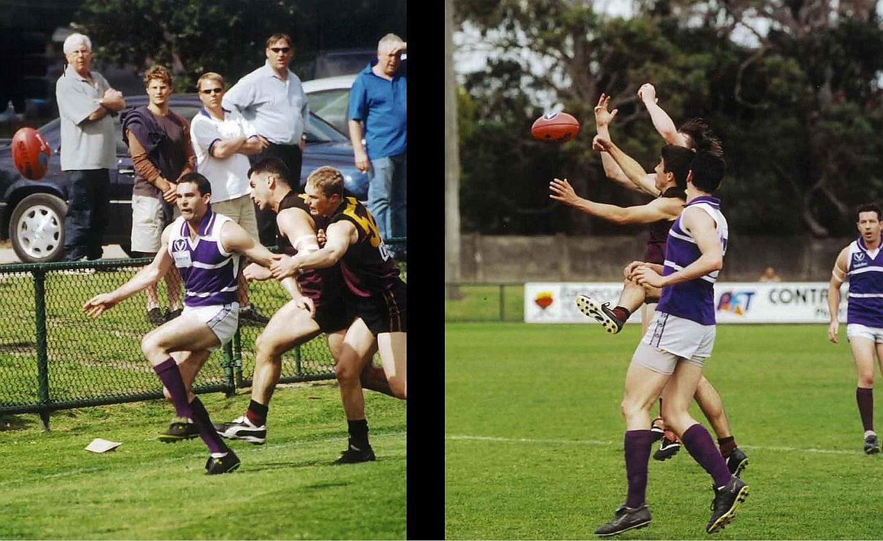 Bloods in pursuit and spoiling; in the background at left are Haileyburians Dylan Smith who in 2002 played for North Melbourne before moving to Fremantle, Brad Smith, and former OHAFC Coach Andrew Langford-Jones also in sunglasses
