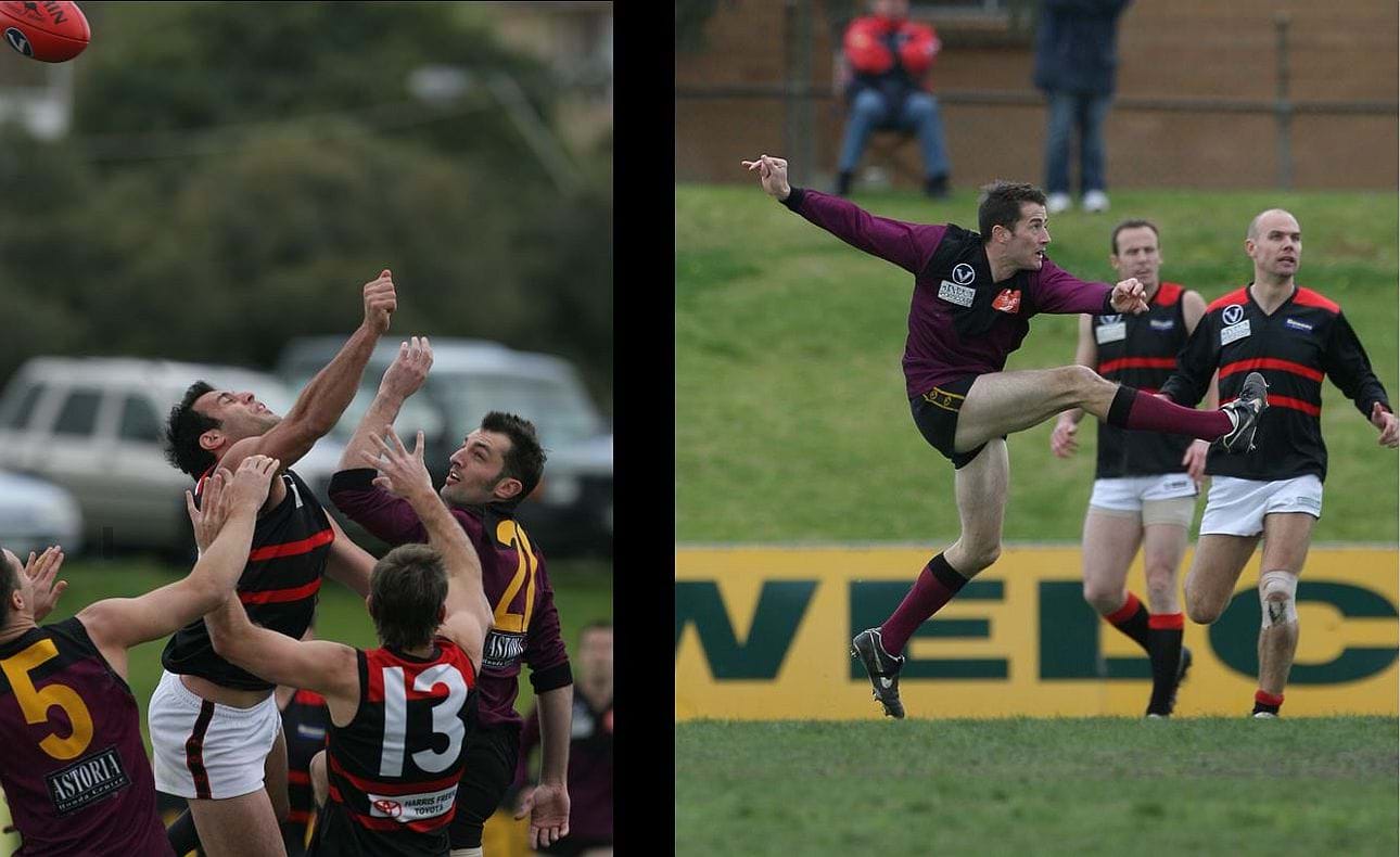 Heath Hopwood (5) helps out Andrew Jenke (21) in the ruck; Brett "Tommy" Trollope with a typical dash from the half-back line