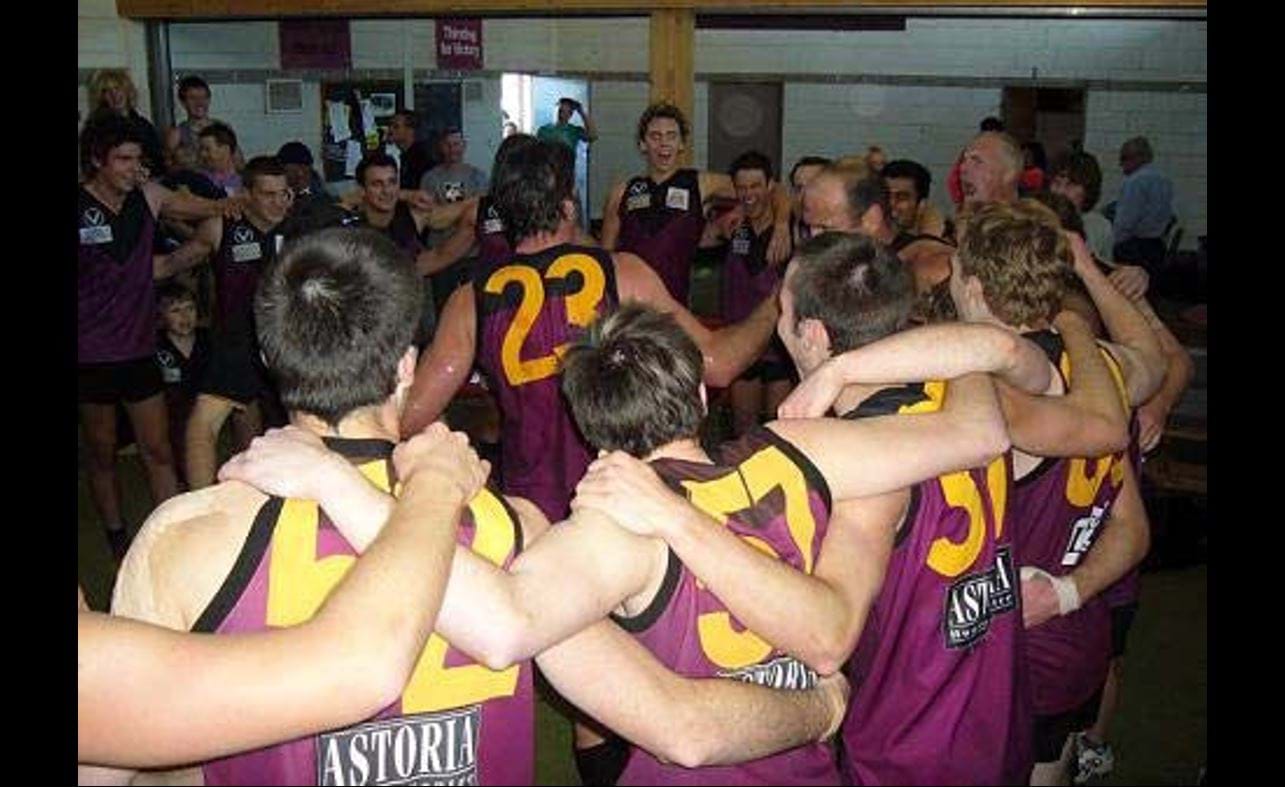 The Bloods celebrate a win in their final game of the season over finalist Old Ivanhoe.  In just the previous week they had recorded their first victory for the year after opening with 16 straight losses.