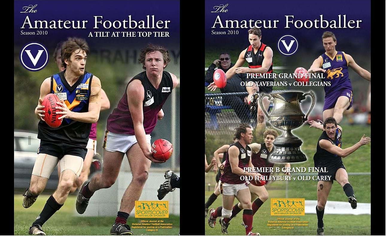 Covers of The Amateur Footballer for the 2010 Second semi-final featuring Peter Gleadhill and Grand Final featuring Tony Brown and Spencer Roberts