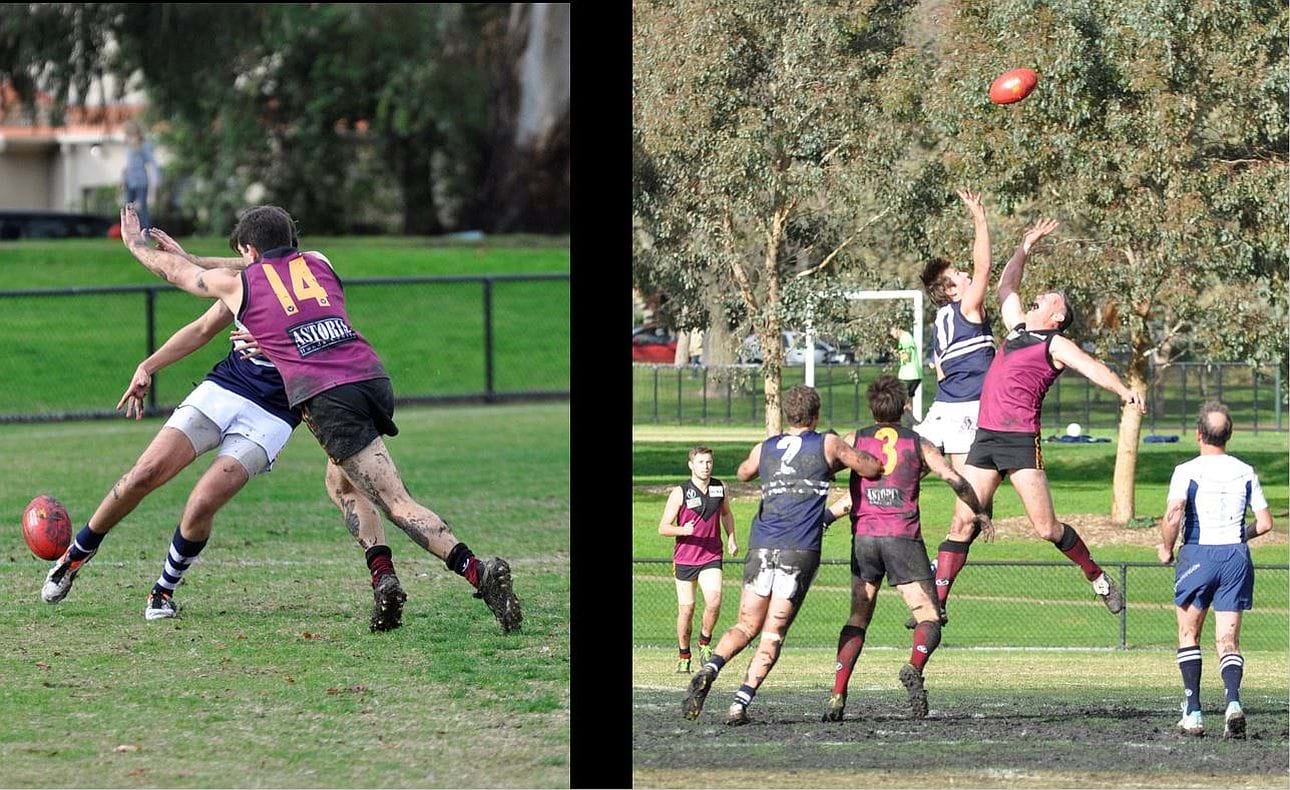 In Round 9 the Bloods took on Old Caulfield Grammarians; Jarrod Rafferty (14) smothers while the ageless Mark Seccull fronts up in the ruck again