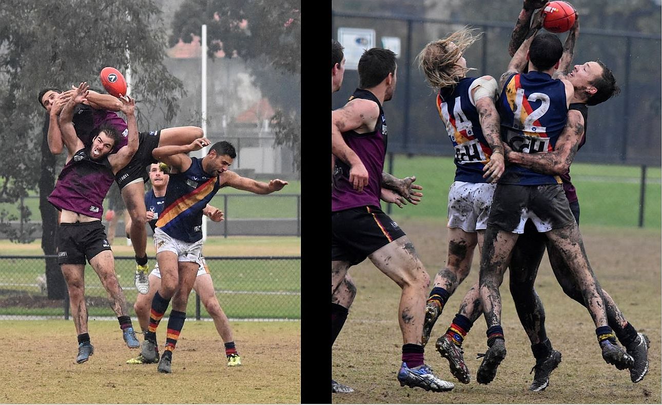 The Round 9 match against St Bede's Mentone Tigers was marred by wet weather, as were the next five or six games to make the Bloods' season even more miserable.  Here Nathan Waite flies for an ambitious mark over team mate Aaron Toy, and Alex Woltering battles two St Bede's opponents