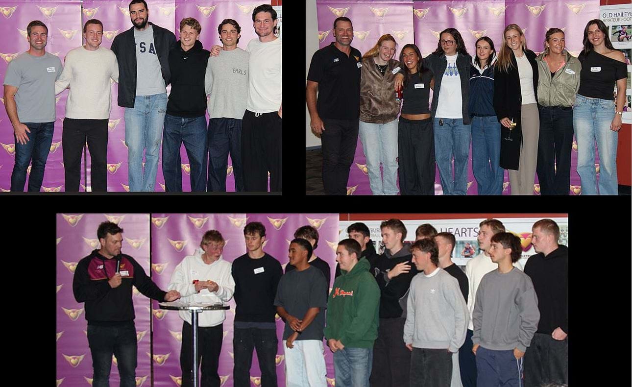 Leadership groups for the Seniors (top left), Hearts (top right) and Under-19s at the Season Launch