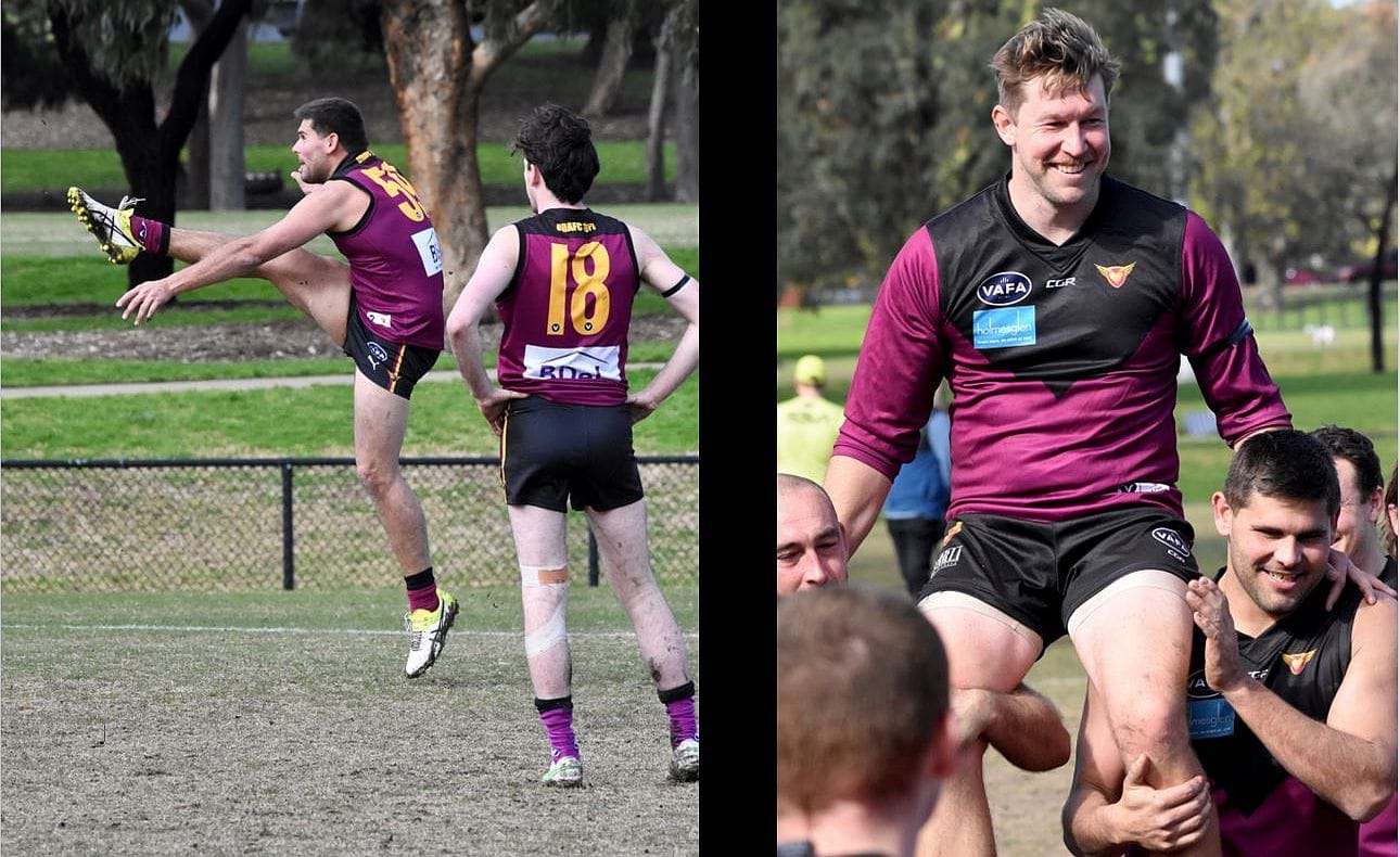 Joel Constable (18) watches the hamstrings stretch on the way to goal, and 200-gamer Scott Ellis is chaired off the field by his team mates after the 5 point win