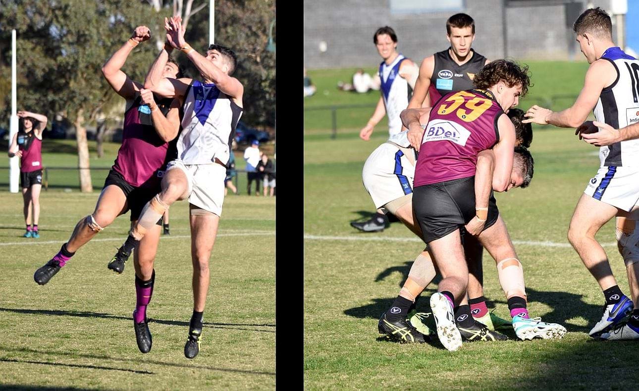 Bloods big men Lachie Treverton and Austin Bradtke (59) battle for the ball