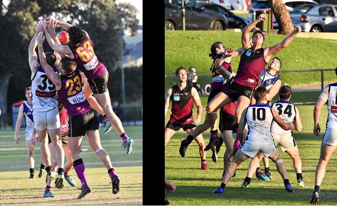 Nathan Dowsett (63) and Lachie Treverton (23) in the pack; Treverton again rising high