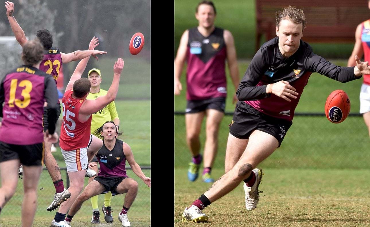 Matt Cowell awaits at the bottom of the pack, Angus Bonwick chases an elusive ball