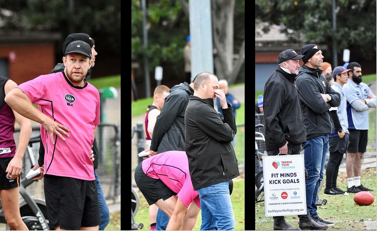 The bench on a difficult day for the Bloods in their unexpected Round 5 loss against St Bede's Mentone Tigers.  Runner Scott Ellis, coach Daniel Ward and assistants Darren Seccull and Stewart Loewe.