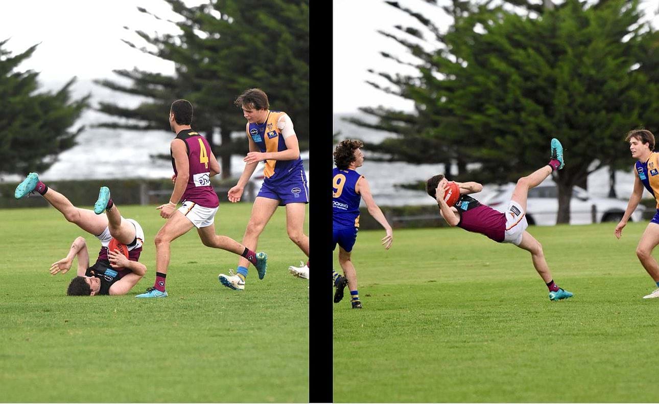 Durras Seccull takes a tumble and a mark, Sam Algeri (4) ready to give a hand