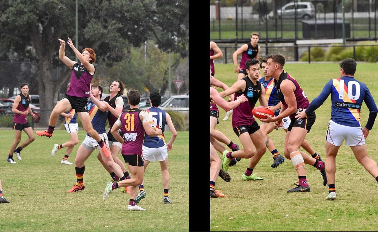 Debutant Justin Davies in great position to mark, Lachie Treverton prepares to shoot a handball out