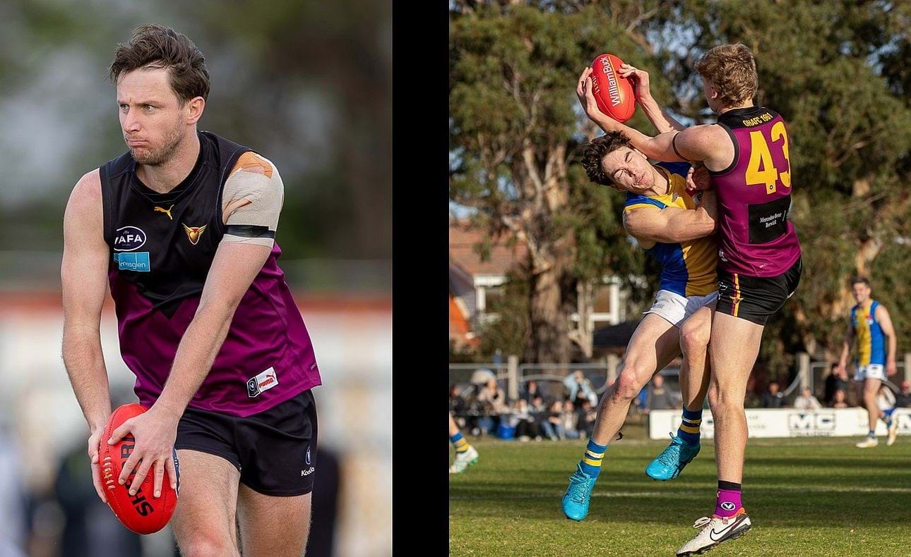 The familiar look of the Gleadhill turn onto the left foot has barely changed in over a decade; Hugo Nosiara (43) takes a contested mark