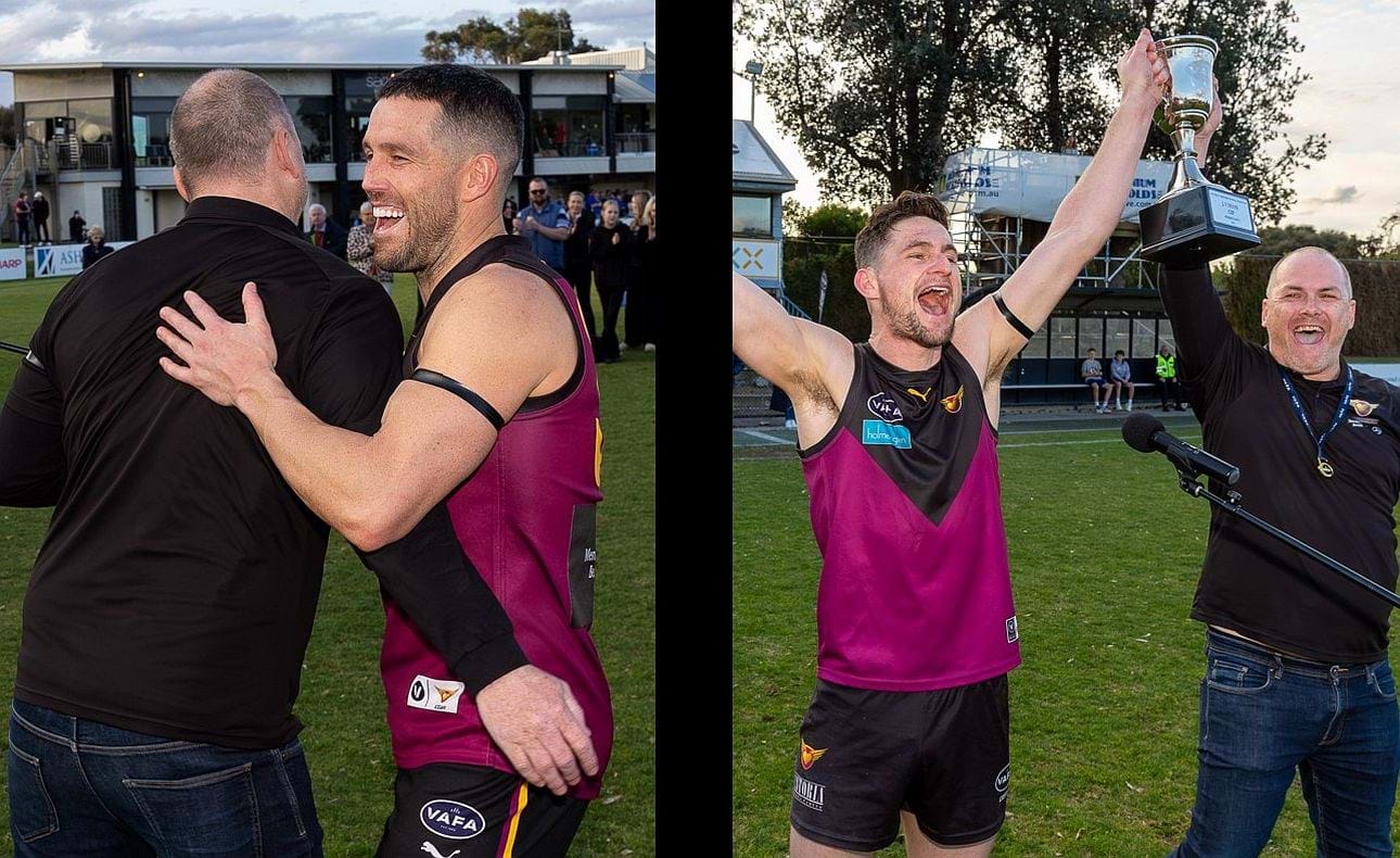 Daniel Ward celebrates with other old Demon James Magner and lifts the premiership cup with captain Brede Seccull