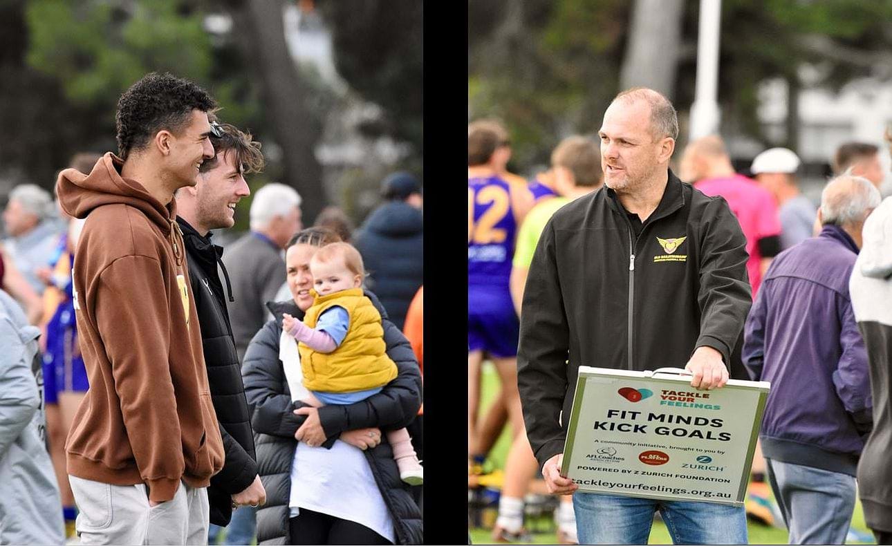 Happy days for victorious Reserves players Ollie Sharpe and Joel Constable as well as Senior Coach Daniel Ward, Round 4 against Williamstown CYMS at Fearon Reserve