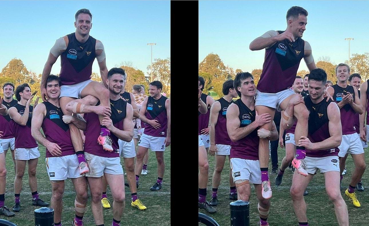 Brodie Steele chaired off by team mates Josh Gasparini and Brede Seccull after his 150th game, capped off by a win in Round 15 against Caulfield Grammarians