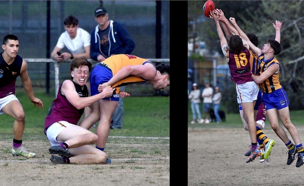 Lachie Burfurd drags down his opponent and George Hendrie (18) flies for a mark
