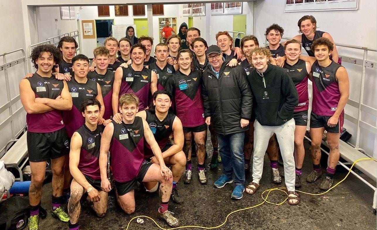 A very happy group of U19s in the Princes Park change rooms after comfortably defeating old rivals Old Xaverians in their Round 13 match