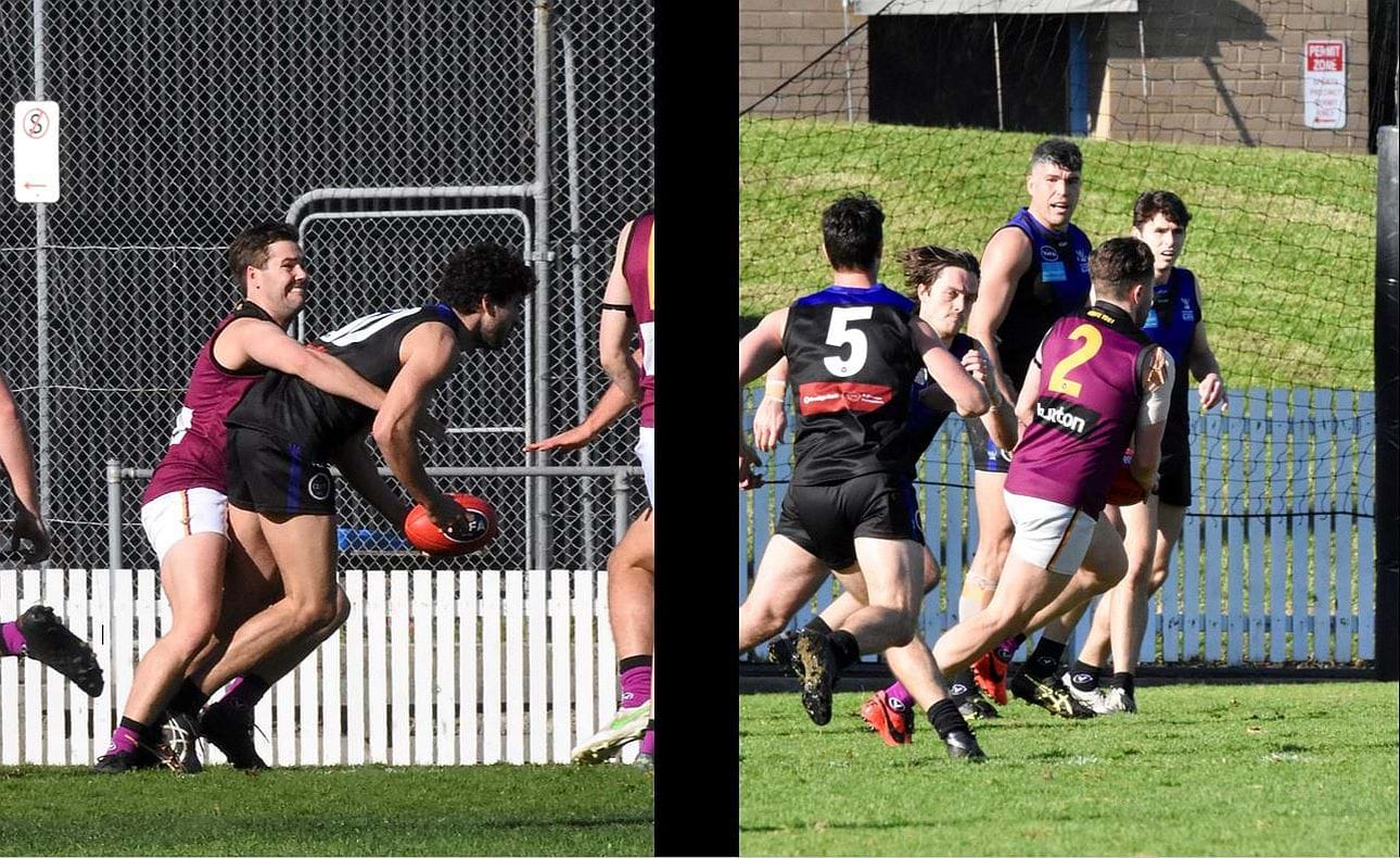 Jack Munro employs the strong tackling that was a feature of the Bloods' significant win against the previously unbeaten University Blacks in Round 11; skipper James Paul heads for goal