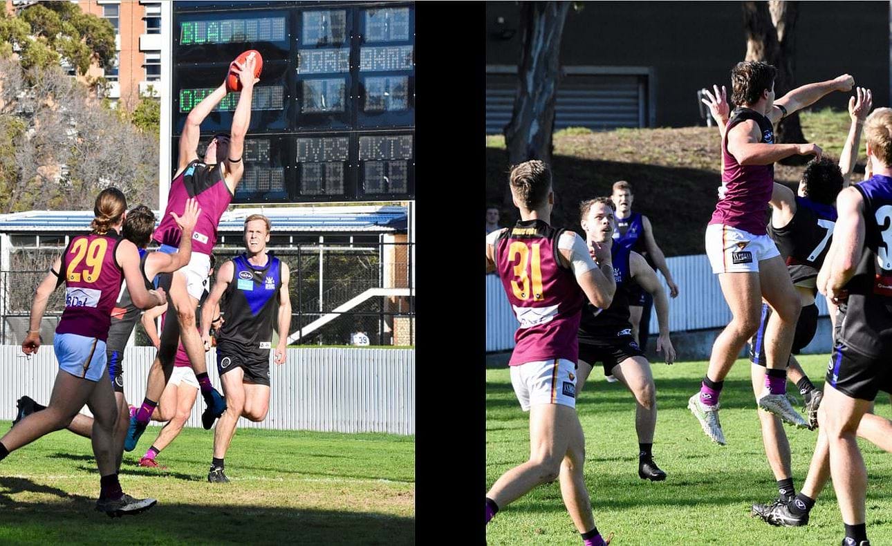 Durras Seccull and Billy Mackay up in the air with Will Paul (29) and Brodie Steele (31) awaiting crumbs