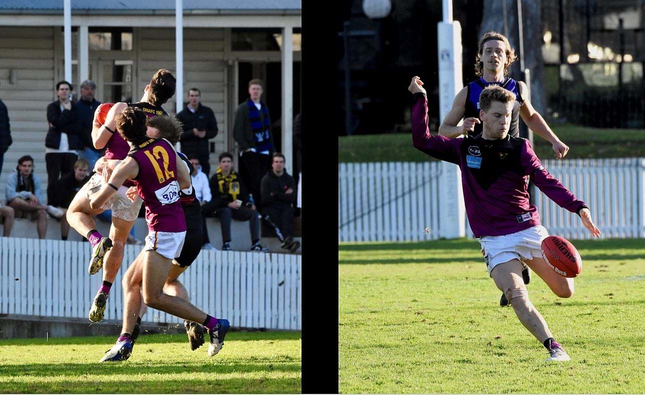 Jayce Morgan takes a mark in front of Kye Turner (12); Jack Lonie, shifted to the midfield, drives forward with yet another kick in a dominant display